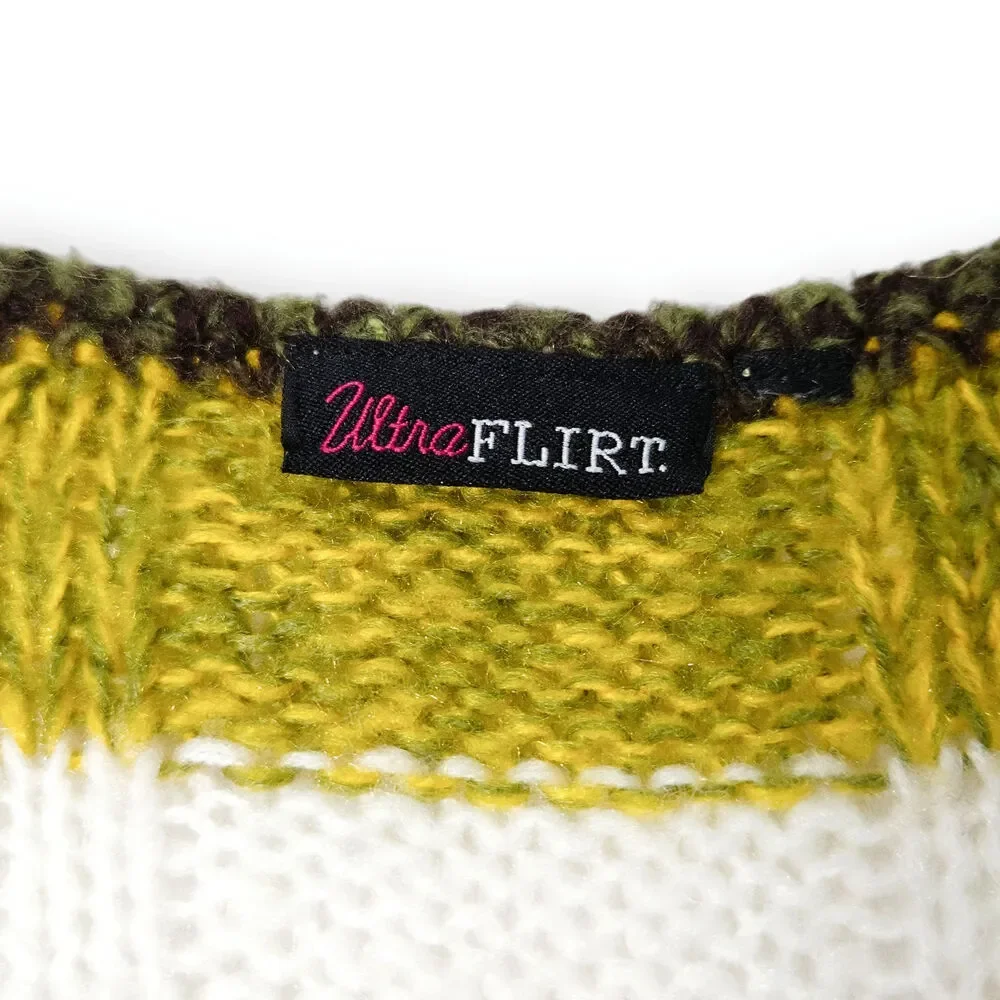 Ultra Flirt Striped V‑Neck‎ Sweater Dress Green White XL EUC Vintage Cozy Fuzzy
